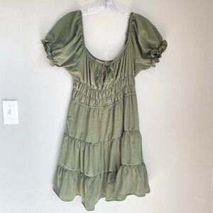 Liberty Love Sage Green Puff Sleeve Babydoll Dress Cottagecore Boho Tiered
